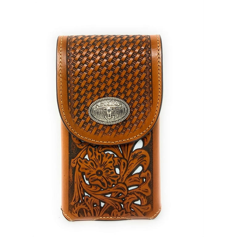 Texas West Western Cowboy Tooled Floral Leather Longhorn Concho Belt Loop Cell Phone Holster Case in 4 Colors Walmart