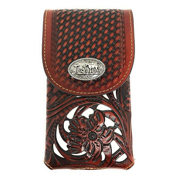 Texas West Western Cowboy Tooled Floral Leather Praying Cowboy Concho Belt Loop Extra Large Cell Phone Holster Case