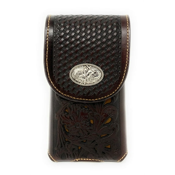 Texas West Western Cowboy Tooled Floral Leather Rodeo Concho Belt Loop Cell Phone Holster Case in 4 Colors