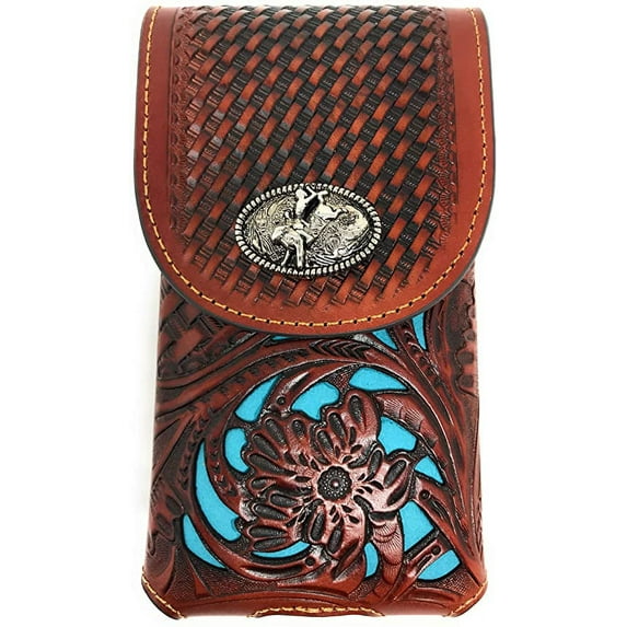 Texas West Western Cowboy Tooled Floral Leather Rodeo Concho Belt Loop Extra Large Cell Phone Holster Case