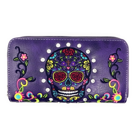 Texas West Western Rhinestone Flora Sugar Skull Crossbody Small Pouch Wallet in 5 colors