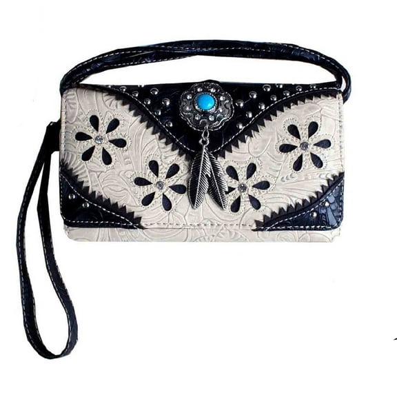 Texas West Western Rhinestone Laser Cut Feather Floral Concho Crossbody Small Pouch Wallet