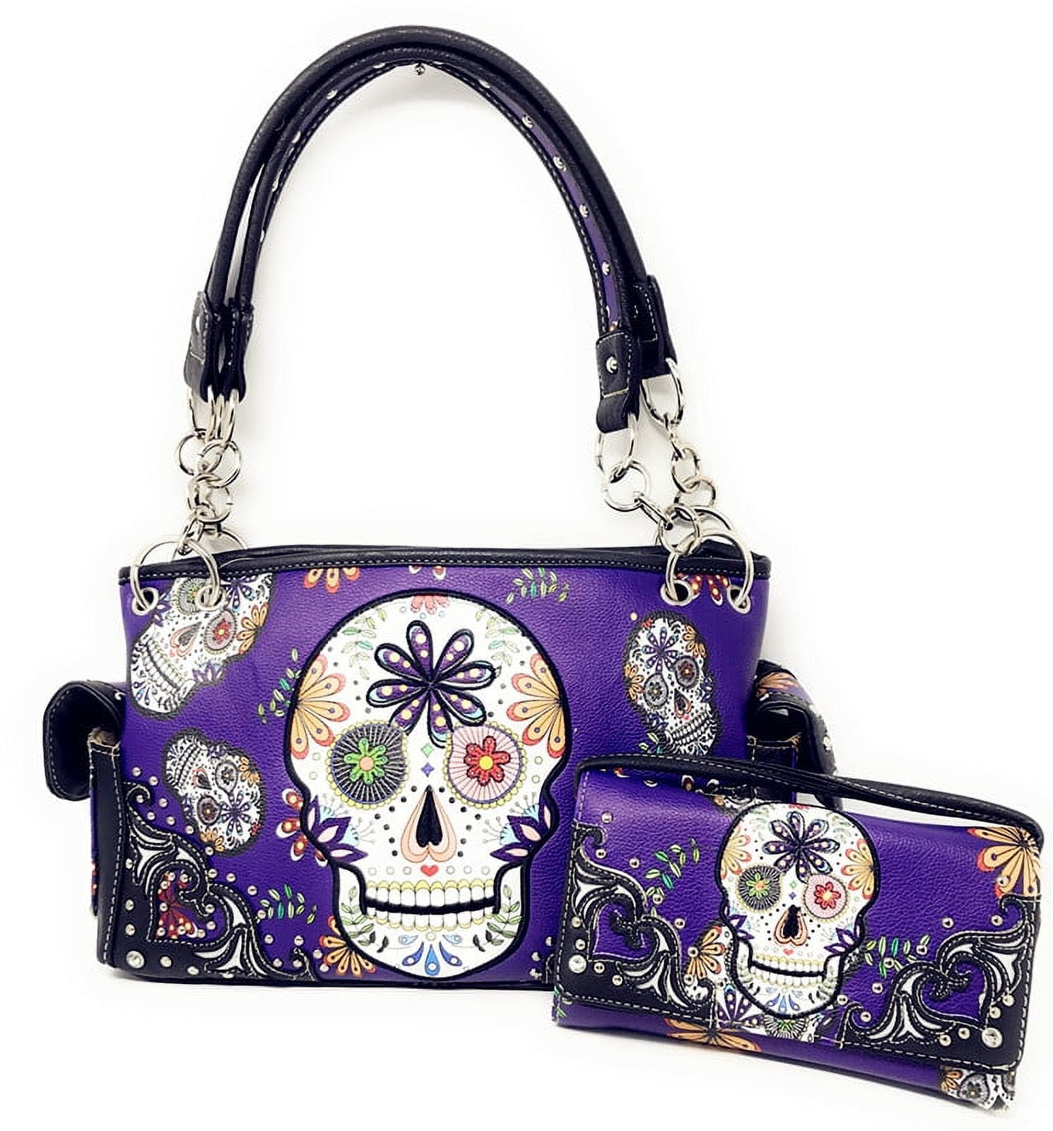 Texas West Western Sugar Skull Flora Candy Skull Handbag and Matching wallet in 5 colors