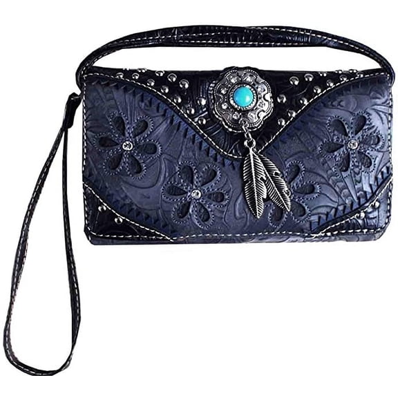 Texas West Women's Crossbody Small Pouch Wallet, Western Rhinestone, Feather Floral