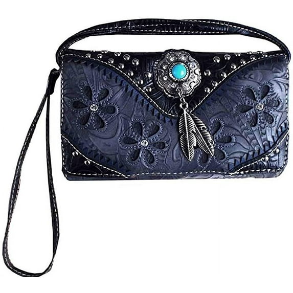 Texas West Women's Crossbody Small Pouch Wallet, Western Rhinestone, Feather Floral