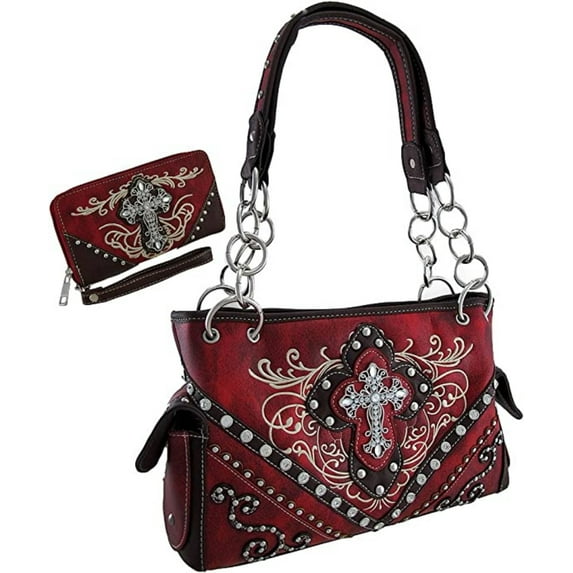 Texas West by Women's Vinyl Leather Look Embroidered Handbag Set, Brown, 2-Piece