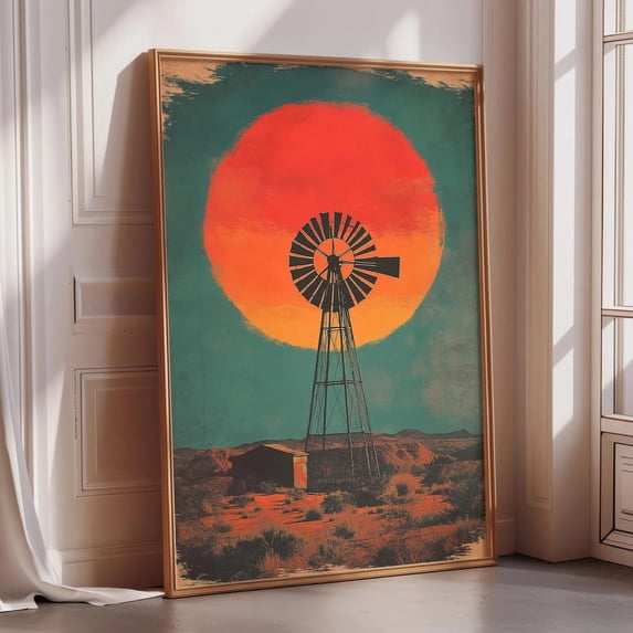 Texas Windmill Sunset Poster, Retro Southwestern Desert, Vintage Cowboy ...