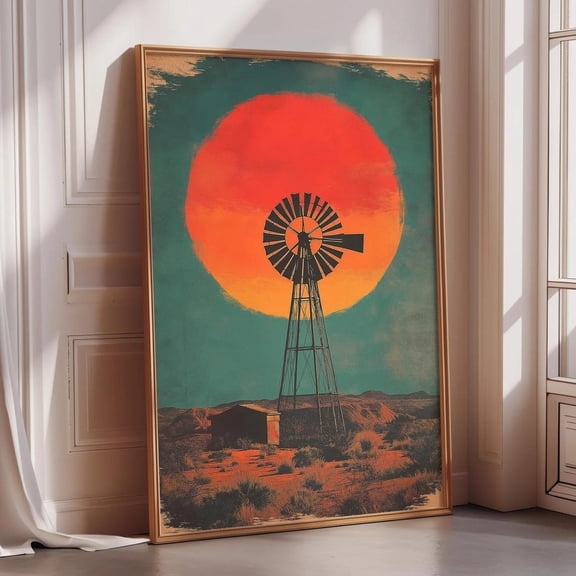 Texas Windmill Sunset Wall Art Print, Retro Southwestern Landscape And Ranch Decor