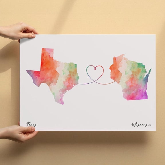 Texas Wisconsin Map Canvas Wall Art 8x12 inch – Texas Wisconsin Map Watercolor Canvas Print – Elegant Modern Artwork for Living Room