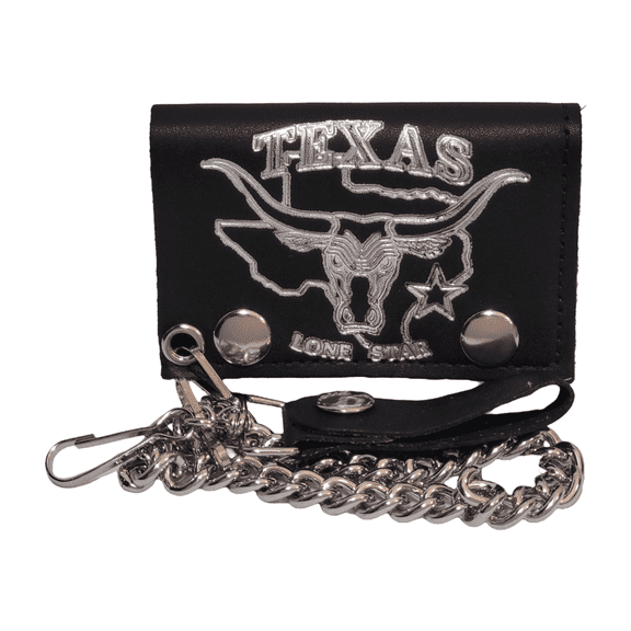Texcyngoods Adult Mens Leather Wallet Texas Longhorn Lone Star Trifold Billfold with Biker Chain Made in USA