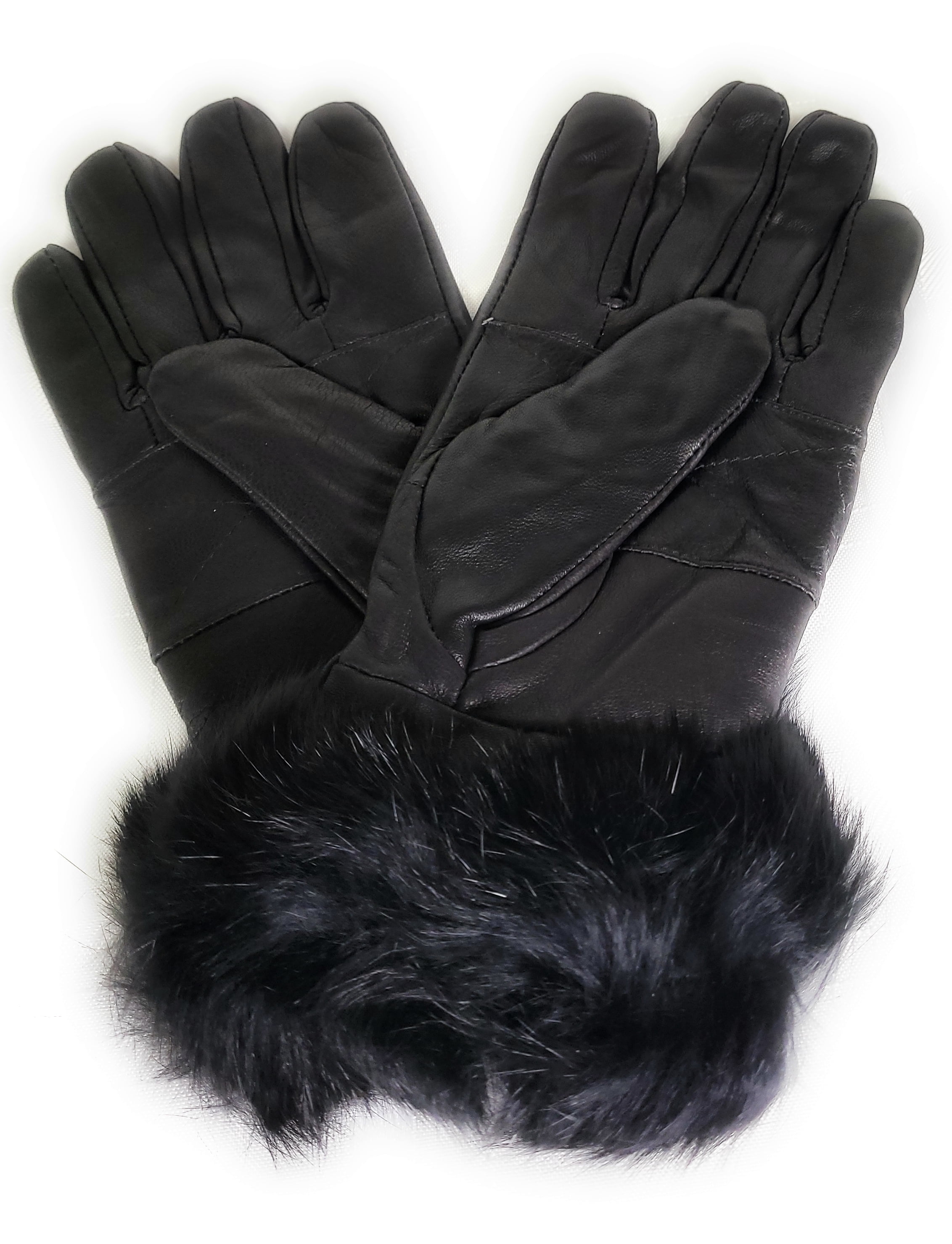 Texcyngoods Adult Womens Black Leather Gloves with Faux Fur Trim for