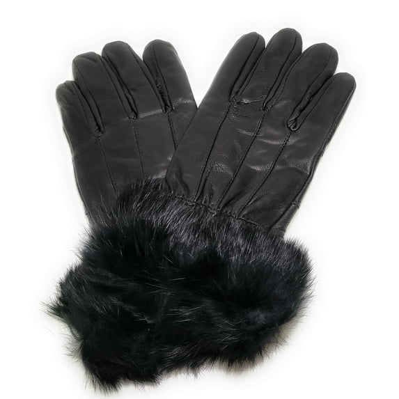 Texcyngoods Adult Womens Black Leather Gloves with Faux Fur Trim for Winter (X-Large)