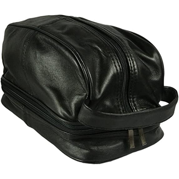 Texcyngoods Mens Genuine Leather Black Shaving Bag Toiletry Dopp Kit with Zip Around Bottom