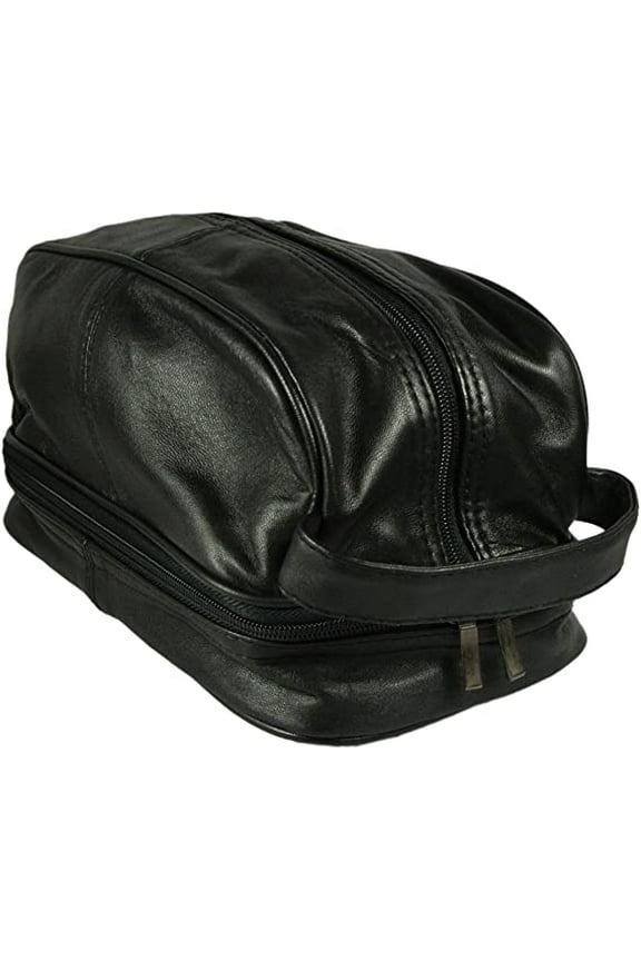 Mens Genuine Leather Black Shaving Bag Toiletry Dopp Kit with Zip Around Bottom