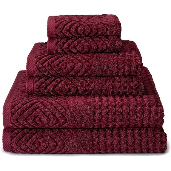 Texere 100% Organic Cotton Diamond Jacquard 700 GSM Luxury Bath Towel Sets - Ultra Soft and Absorbent, 2 Large Bath Towels, 2 Hand towels, 2 Washcloths (Diamond, Merlot, 6 Piece)