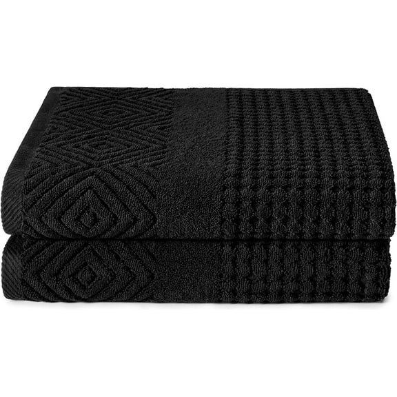 Texere 100% Organic Cotton Diamond Jacquard 700 GSM Luxury Bath Towel Sets - Ultra Soft and Absorbent Hotel and Spa Quality (Diamond, Black, 2 Bath Towels)
