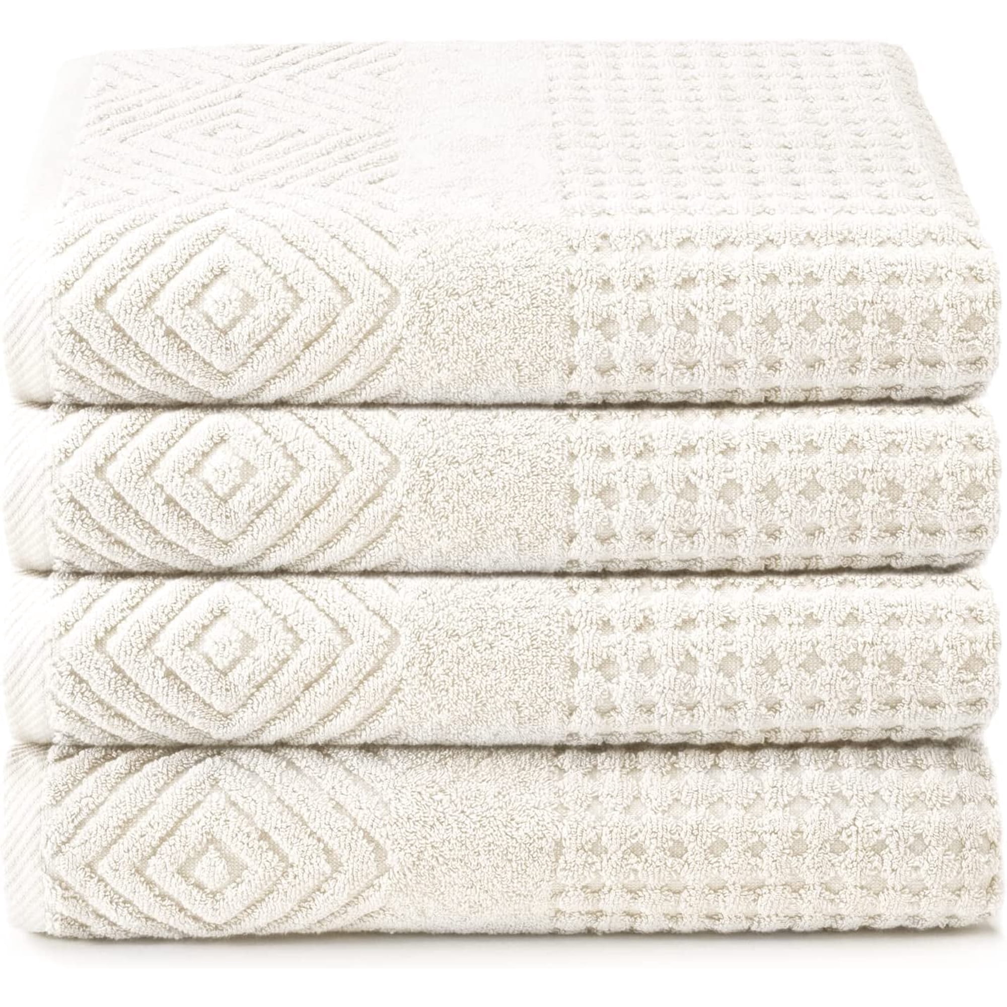 Texere 100% Organic Cotton Diamond Jacquard 700 GSM Luxury Bath Towel Sets - Ultra Soft and Absorbent Hotel and Spa Quality (Diamond, Cream, 4 Bath Towels)