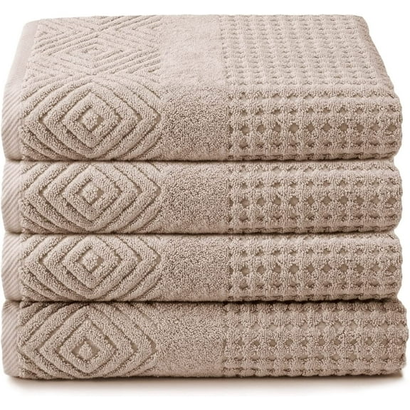 Texere 100% Organic Cotton Diamond Jacquard 700 GSM Luxury Bath Towel Sets - Ultra Soft and Absorbent Hotel and Spa Quality (Diamond, Oxford Tan, 4 Bath Towels)