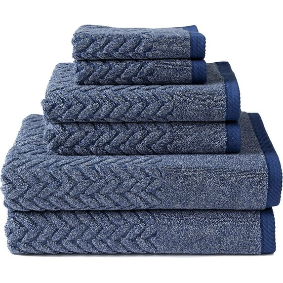 Texere 100% Organic Cotton Jacquard 650 GSM Premium Bath Towel Sets - Extra Absorbent Quick Dry and Plush, 2 Large Bath Towels, 2 Hand Towels, 2 Washcloths (Cable, Estate Blue, 6 Piece)