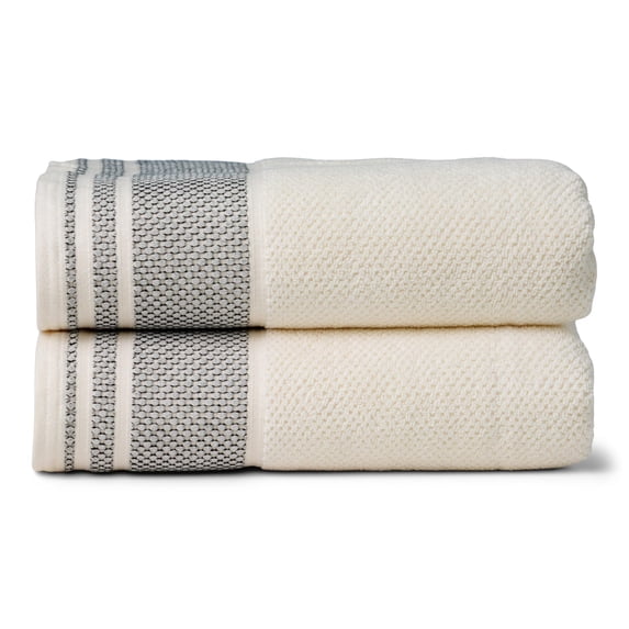 Texere 100% Organic Cotton Rice Weave Bath Towel Sets, Cream w/Blk (2 Bath Towels)