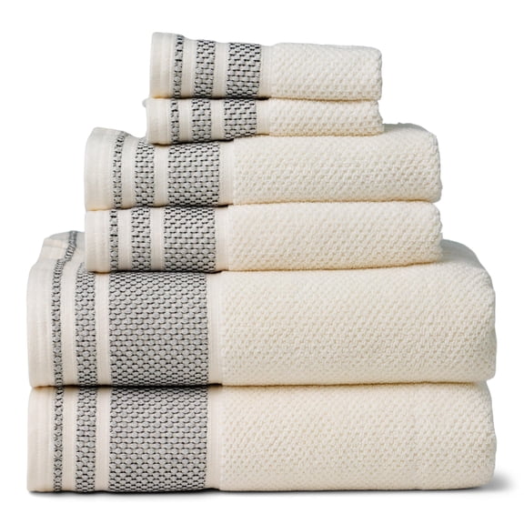 Texere 100% Organic Cotton Rice Weave Bath Towel Sets, Cream w/Blk (6 Piece)