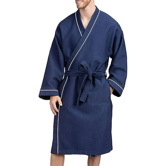 Texere Men's Modal Cotton Kimono Hotel Spa Bathrobe with Waffle Knit Design; Knee Length Robe with Pockets (Midnight Blue, L)