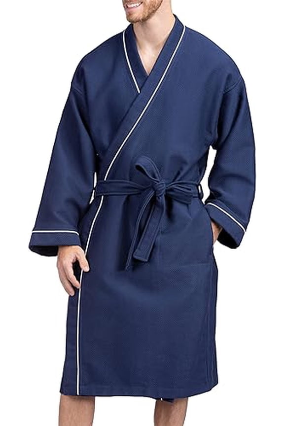 Men's Modal Cotton Kimono Luxury Hotel Bathrobe with Quilted Design; Waffle Knit Knee Length Robe, Tie Waist and Side Pockets (Midnight Blue, XXL)