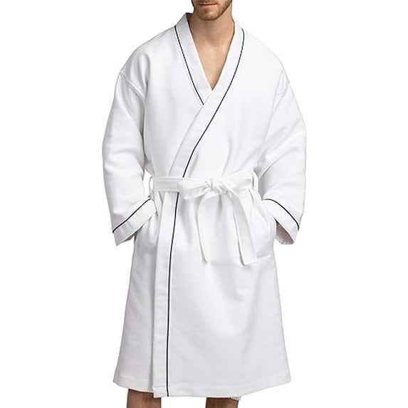 Texere Men's Modal Cotton Kimono Luxury Resort Robe with Quilted Design; Front Tie Bathrobe with Pockets, Absortbent Spa and Pool Wear (White, M)