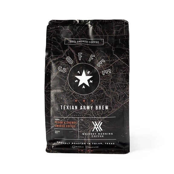 Whiskey Morning Coffee Texian Army Brew: Ground Coffee, Dark Roast, BBQ Smoked Flavor, Pecan & Cherry Wood