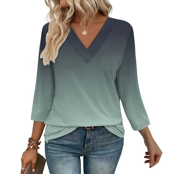 Texiao 3/4 Length Sleeve Women's Tops V Neck Casual Tunic Tops Basic Shirts Loose Fit Blouse