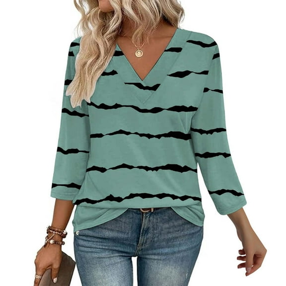 Texiao 3/4 Length Sleeve Women's Tops V Neck Casual Tunic Tops Basic Shirts Loose Fit Blouse