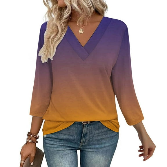 Texiao 3/4 Length Sleeve Women's Tops V Neck Casual Tunic Tops Basic Shirts Loose Fit Blouse