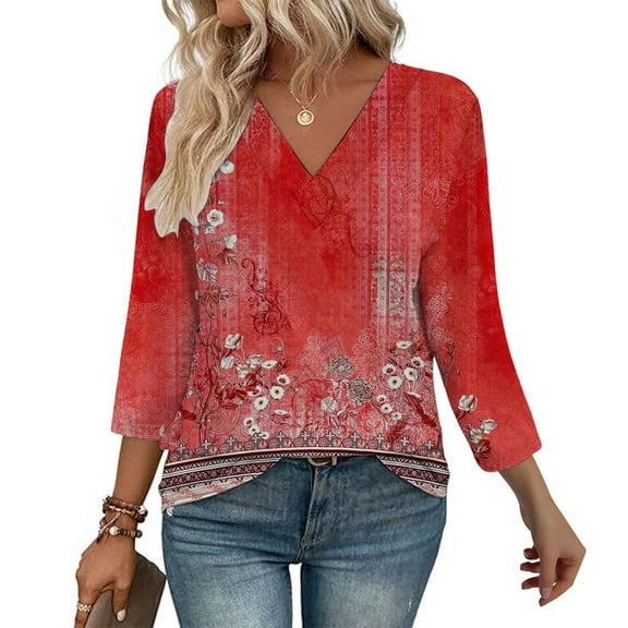 Texiao 3/4 Length Sleeve Women's Tops V Neck Casual Tunic Tops Basic Shirts Loose Fit Blouse