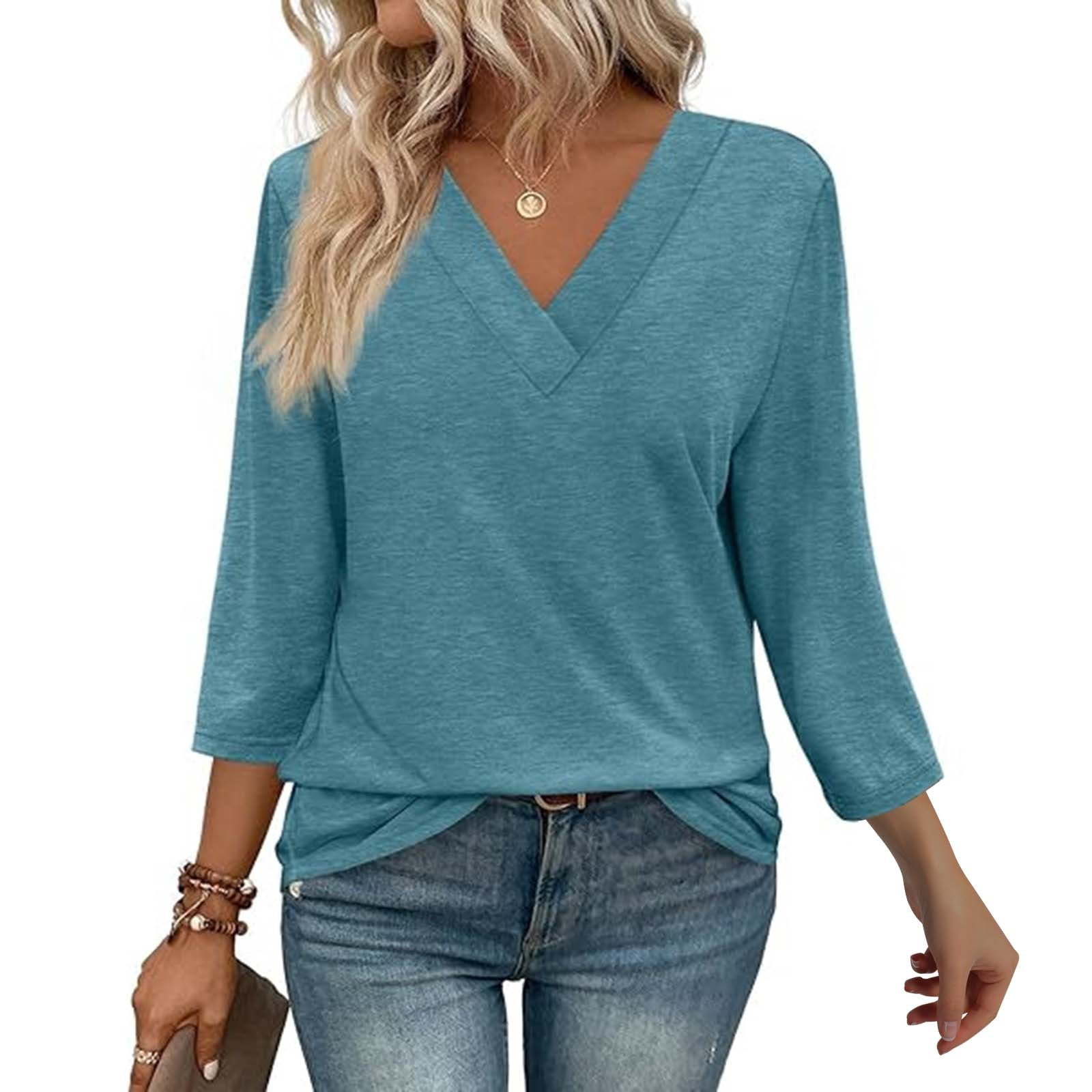 Texiao 3/4 Length Sleeve Women's Tops V Neck Casual Tunic Tops Basic ...