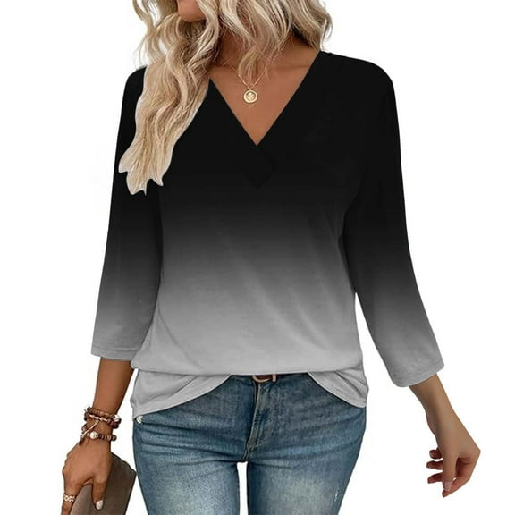 Texiao 3/4 Length Sleeve Women's Tops V Neck Casual Tunic Tops Basic Shirts Loose Fit Blouse
