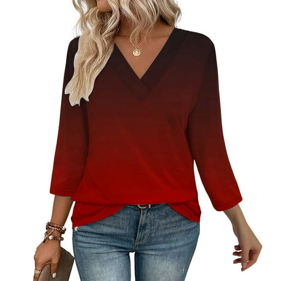 Texiao 3/4 Length Sleeve Women's Tops V Neck Casual Tunic Tops Basic Shirts Loose Fit Blouse