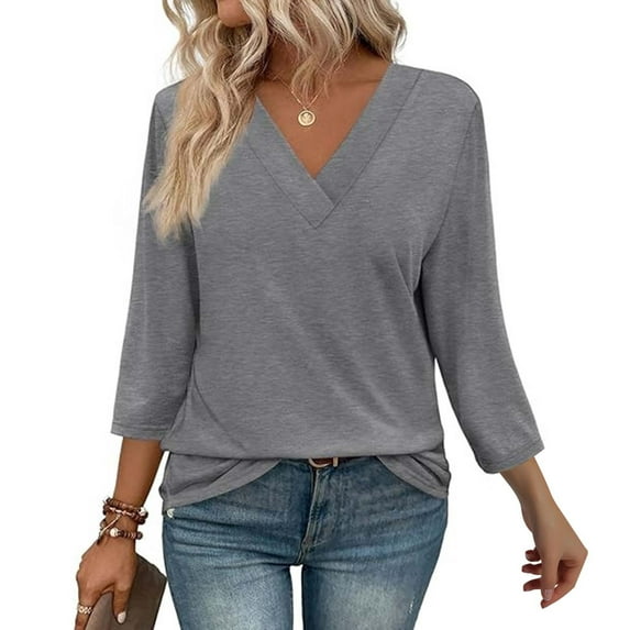Texiao 3/4 Length Sleeve Women's Tops V Neck Casual Tunic Tops Basic Shirts Loose Fit Blouse