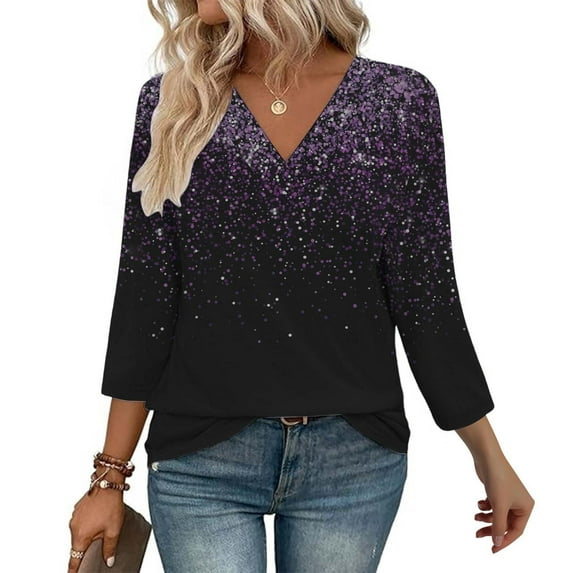Texiao 3/4 Length Sleeve Women's Tops V Neck Casual Tunic Tops Basic Shirts Loose Fit Blouse