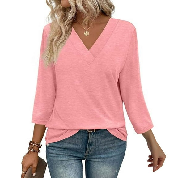 Texiao 3/4 Length Sleeve Women's Tops V Neck Casual Tunic Tops Basic Shirts Loose Fit Blouse
