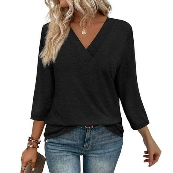 Texiao 3/4 Length Sleeve Women's Tops V Neck Casual Tunic Tops Basic Shirts Loose Fit Blouse