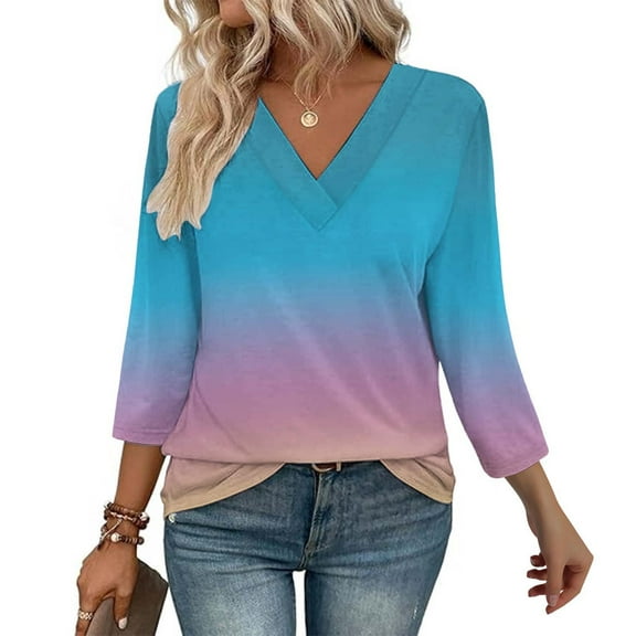 Texiao 3/4 Length Sleeve Women's Tops V Neck Casual Tunic Tops Basic Shirts Loose Fit Blouse