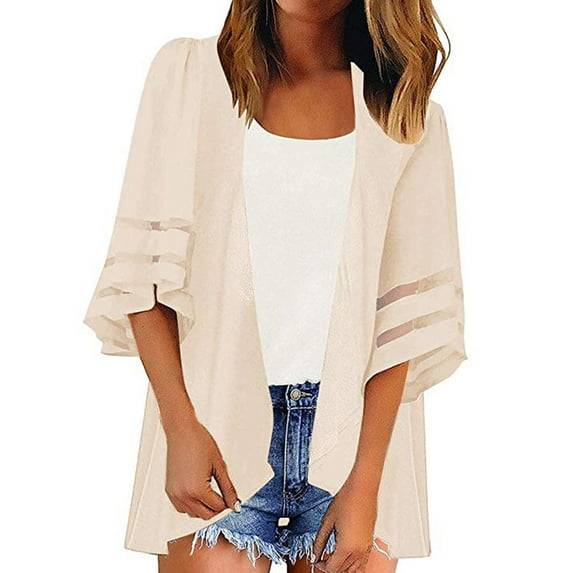 Texiao 3/4 Sleeve Concert Tops For Women, Wide Neck Oversized Denim Jacket Women, Beige Womens Fall Jackets, Women Mesh Panel 3/4 Bell Sleeve Pure color Chiffon Casual Loose Kimono Cardigan