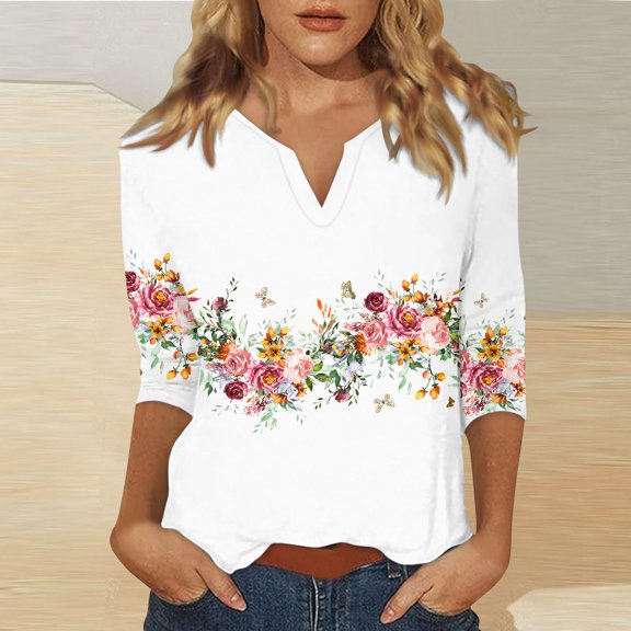 Texiao 3/4 Sleeve Tops for Women Summer Notched V Neck Plain T Shirts Casual Cute Three Quarter Length Blouses