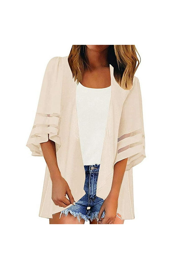 3/4 Sleeve Womens Work Tops, Wide Neck Oversized Leather Jacket Women, Beige Womens Winter Jacket, Women Mesh Panel 3/4 Bell Sleeve Pure color Chiffon Casual Loose Kimono Cardigan