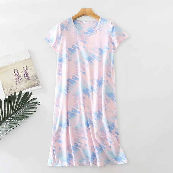Pajama Set Women'S Nightgown Women'S Plus Size Cute Cartoon Home Clothes Knitted Cotton Sweet And Fat Short Sleeved Round Neck Pajamas,Pink Women'S Polyester Dress XL