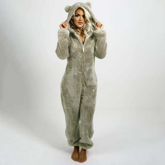 Texiao Chritsmas Polyester Sleepwear Pajama Dress, Women's Artificial Wool Long Sleeve Pajamas Casual Solid Color Zipper Loose Hooded Jumpsuit Pajamas Casual Winter Warm Rompe Cute Ears Sleepwear