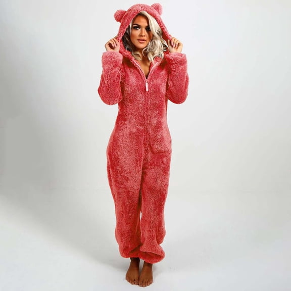 Texiao Chritsmas Polyester Sleepwear for Women, Women's Artificial Wool Long Sleeve Pajamas Casual Solid Color Zipper Loose Hooded Jumpsuit Pajamas Casual Winter Warm Rompe Cute Ears Sleepwear