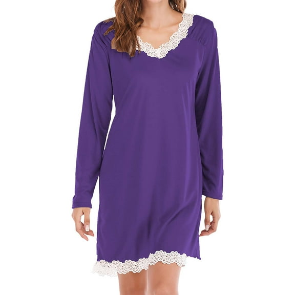 Texiao Chritsmas Polyester,Spandex Sleepwear for Women, Purple Sleepwear Pajama Dress, Womens Long Sleeve Nightgowns V Neck Sleepshirts Lace Nightshirts Casual T Shirt Sleep Dress With