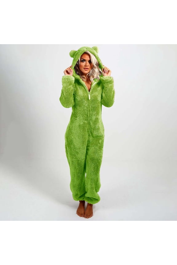 Chritsmas Polyester Women's Sleepwear, Women's Artificial Wool Long Sleeve Pajamas Casual Solid Color Zipper Loose Hooded Jumpsuit Pajamas Casual Winter Warm Rompe Cute Ears Sleepwear