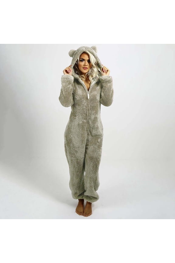 Chritsmas Women's Artificial Wool Long Sleeve Pajamas Casual Solid Color Zipper Loose Hooded Jumpsuit Pajamas Casual Winter Warm Rompe Cute Ears Sleepwear